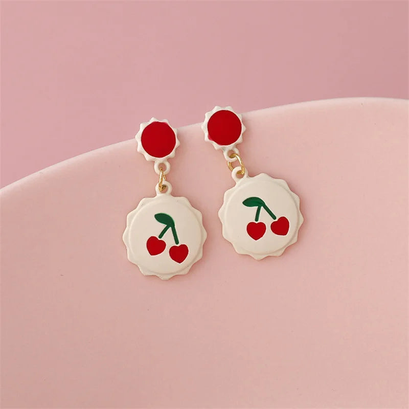 Red Acrylic Love Strawberry Cherry Stud Earrings Irregular Geometric Bow