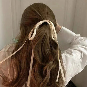 AOMU French Retro Fabric Bowknot Rubber Band Sweet Matte Smooth Thin Long Ribbon