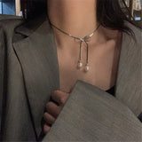 Chic Titanium Steel Bow Pearl Necklace for Women