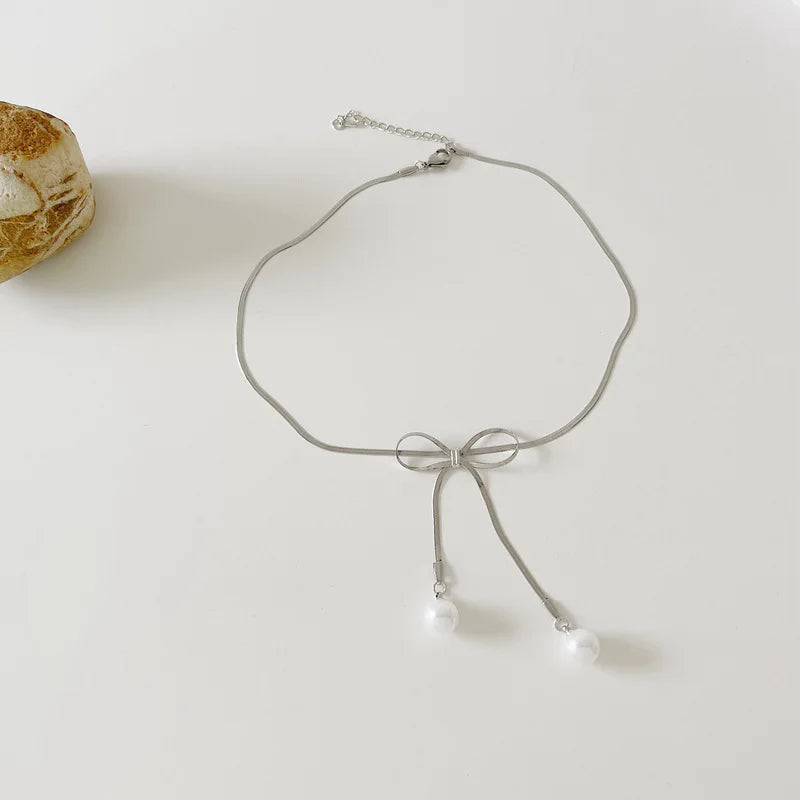 Chic Titanium Steel Bow Pearl Necklace for Women
