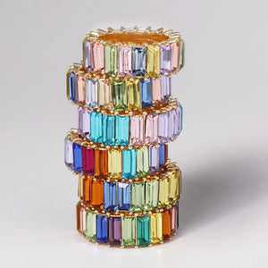 Colorful Rainbow Eternity Band Rings Square Baguette CZ Wedding Ring for Women
