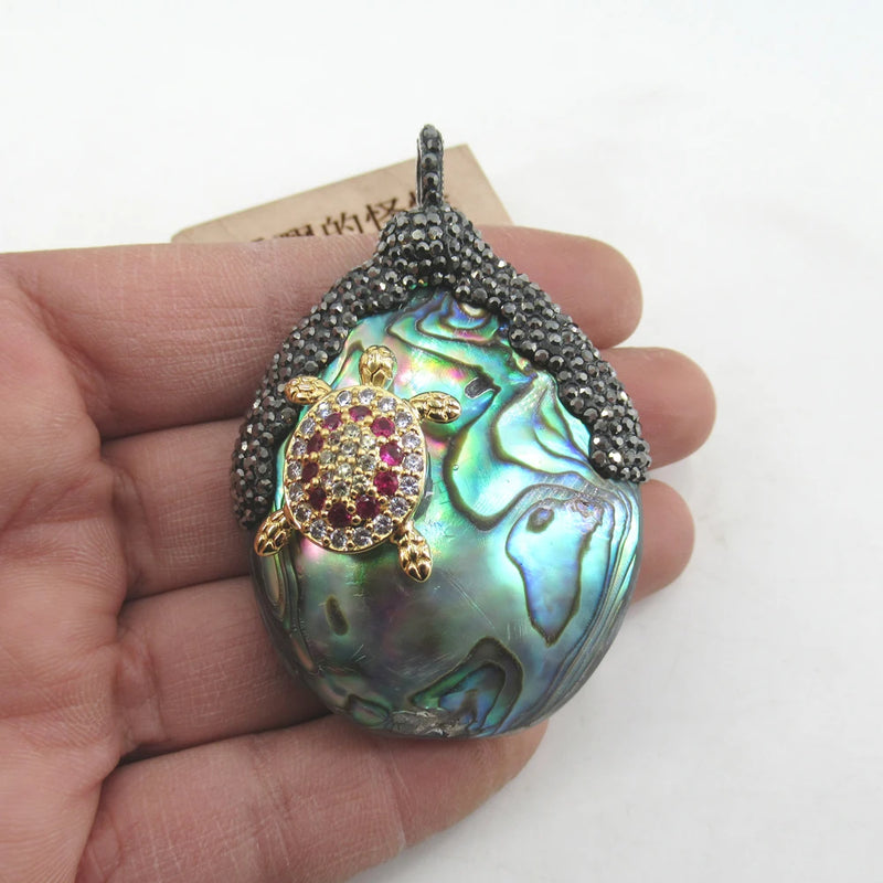 Natural Green Abalone CZ Tortoise Pendant for DIY Jewelry