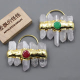 Natural Clear Quartz Green Red Jade 24K Yellow Plated Pendant