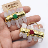 Natural Clear Quartz Green Red Jade 24K Yellow Plated Pendant