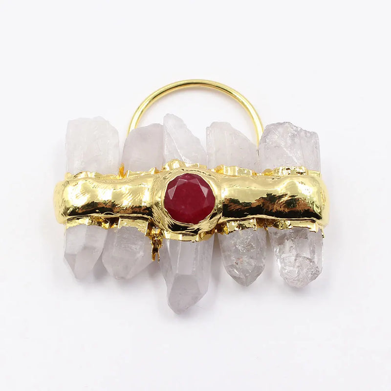 Natural Clear Quartz Green Red Jade 24K Yellow Plated Pendant