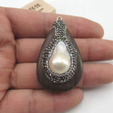Natural Keshi Pearl Micro Pave Brown Wood Necklace Charms Pendant