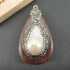 Natural Keshi Pearl Micro Pave Brown Wood Necklace Charms Pendant