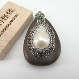 Natural Keshi Pearl Micro Pave Brown Wood Necklace Charms Pendant