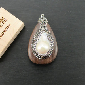 Natural Keshi Pearl Micro Pave Brown Wood Necklace Charms Pendant