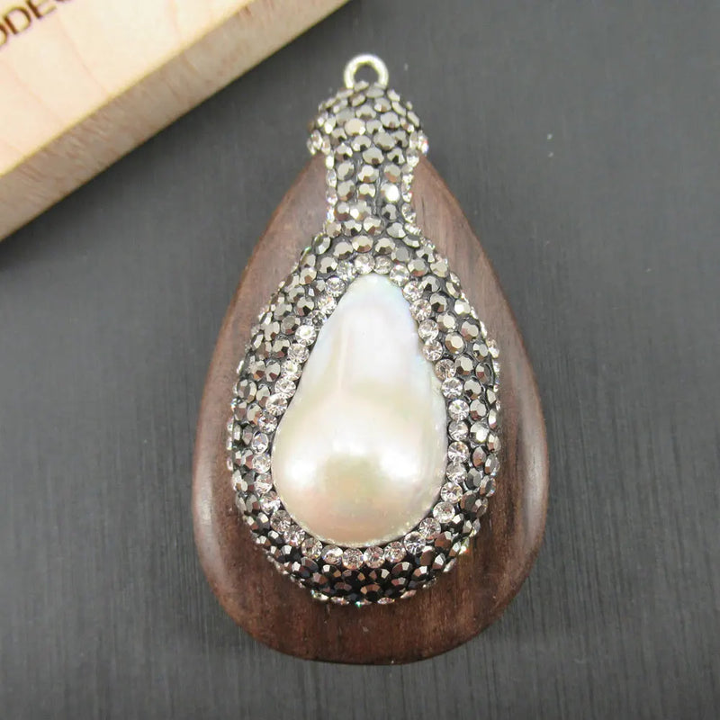 Natural Keshi Pearl Micro Pave Brown Wood Necklace Charms Pendant