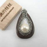 Natural Keshi Pearl Micro Pave Brown Wood Necklace Charms Pendant