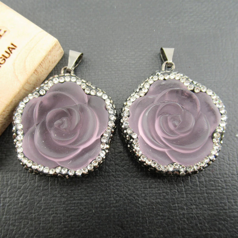 33mm Pink Quartz Carving Flower Pendant for DIY Jewelry