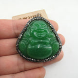 Green Jade Buddha Head Rhinestone Pave Charms Necklace Pendant