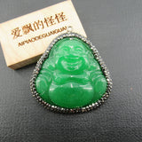 Green Jade Buddha Head Rhinestone Pave Charms Necklace Pendant