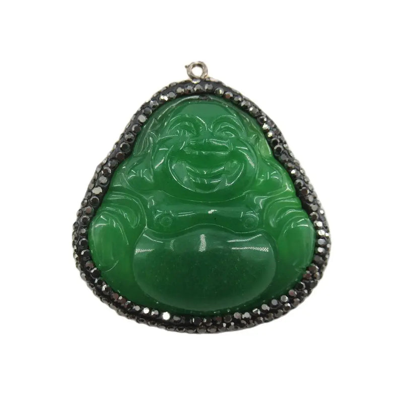 Green Jade Buddha Head Rhinestone Pave Charms Necklace Pendant