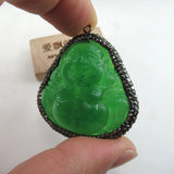 Green Jade Buddha Head Rhinestone Pave Charms Necklace Pendant