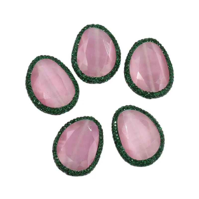 5Pcs Pink Cat Eye Green Rhinestone Beads Water Drop Gems
