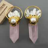 Natural Pink Rose Quartz Point Biwa Pearl Cluster Pendant