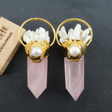 Natural Pink Rose Quartz Point Biwa Pearl Cluster Pendant