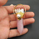 Natural Pink Rose Quartz Point Biwa Pearl Cluster Pendant