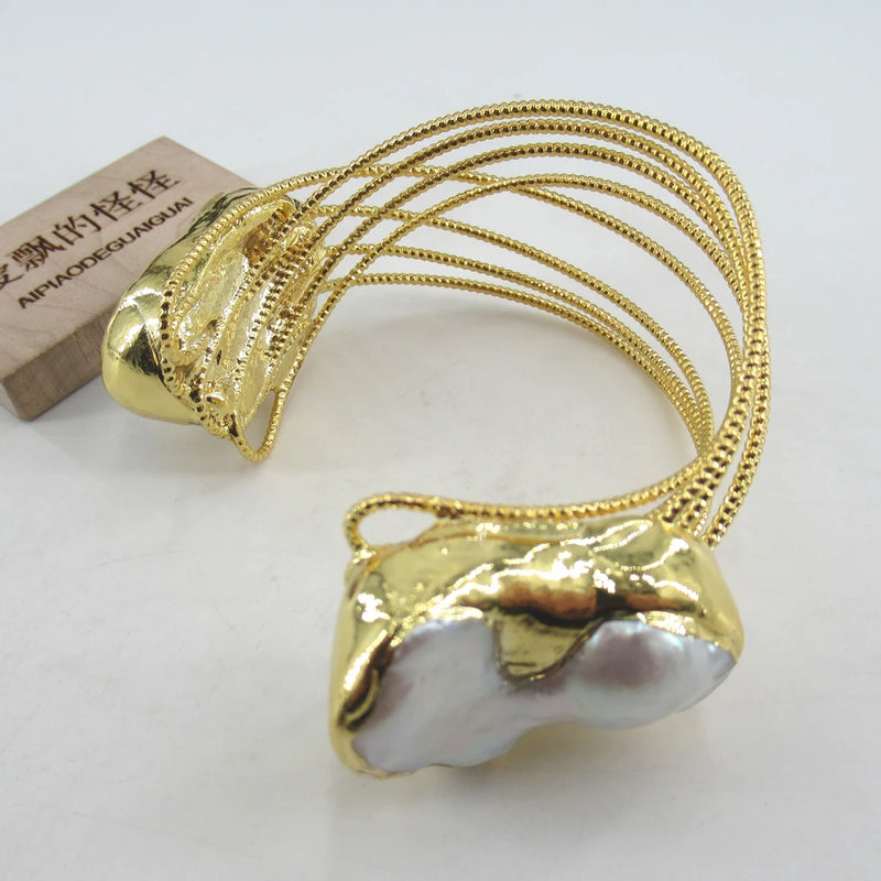 APDGG Natural Pearl Keshi Pearl Bangle 24K Golden Plated Bracelet