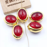 5 Pcs Oval Red Crystal 24K Plated Egg Beads Necklace Earrings DIY Jewelry