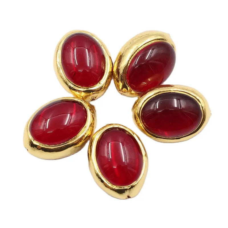 5 Pcs Oval Red Crystal 24K Plated Egg Beads Necklace Earrings DIY Jewelry