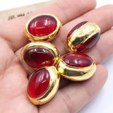 5 Pcs Oval Red Crystal 24K Plated Egg Beads Necklace Earrings DIY Jewelry