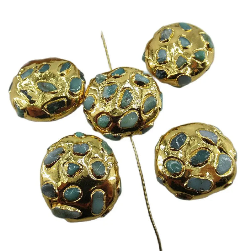 5PCS Natural Aventurine Coin Edge Plated Beads