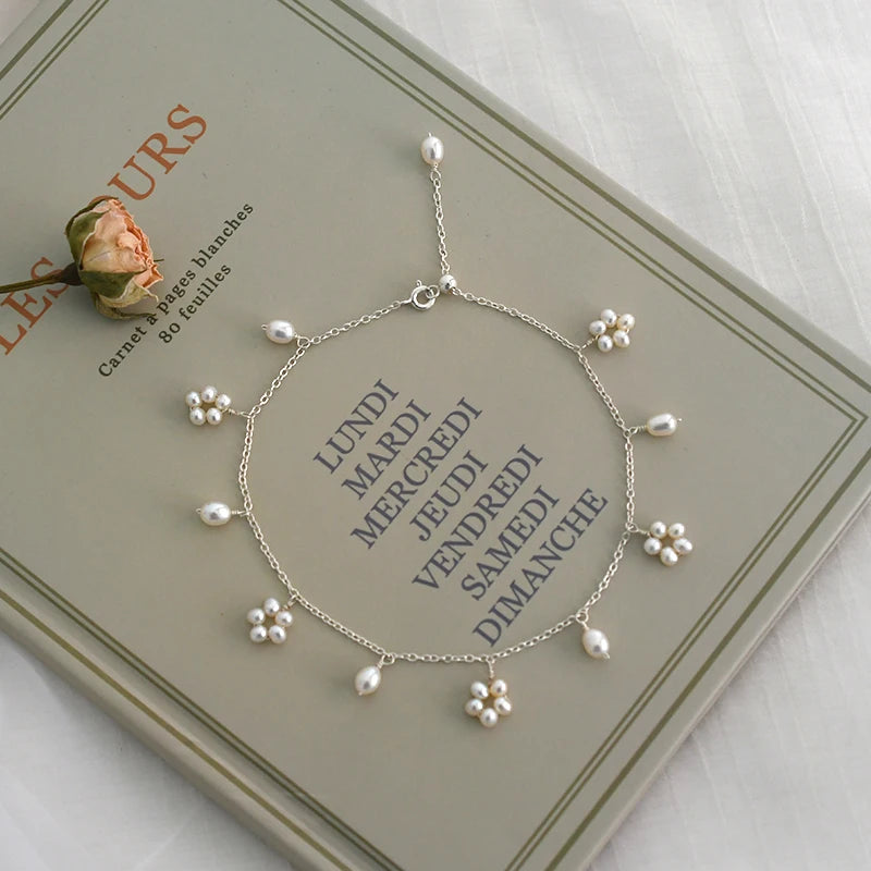 ASHIIQI Freshwater Pearl Anklet 925 Silver Wedding Jewelry