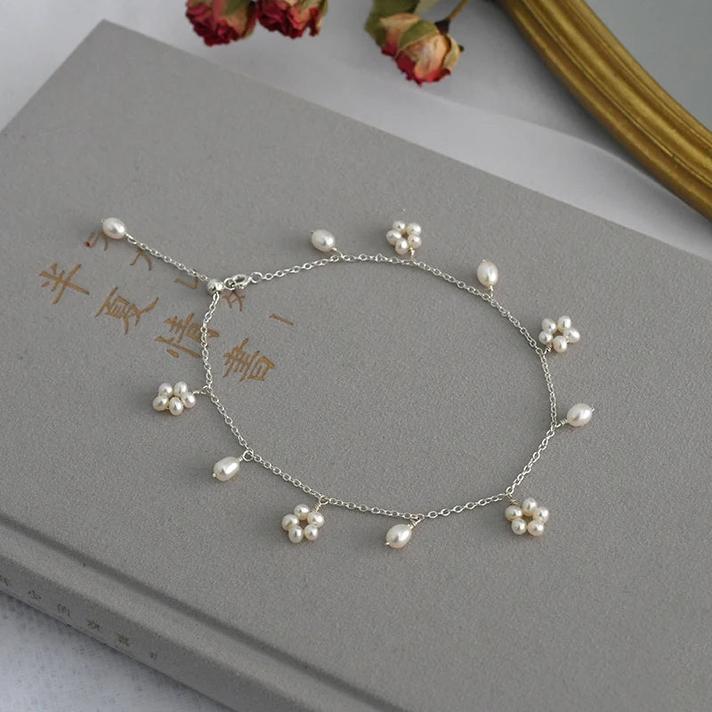 ASHIIQI Freshwater Pearl Anklet Women 925 Sterling Silver Wedding