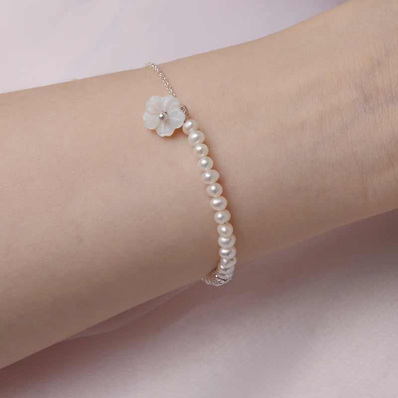 Mini Freshwater Pearl Bracelet 925 Sterling Silver Natural Shell Flowers