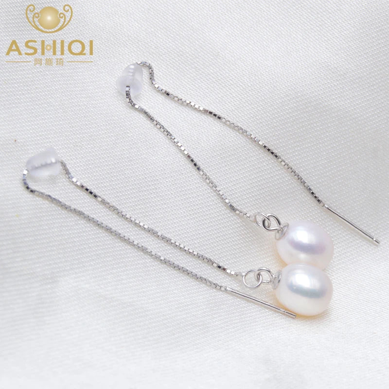 925 Silver Long Earrings Natural Freshwater Pearl Drop Bohemian Wedding Jewelry