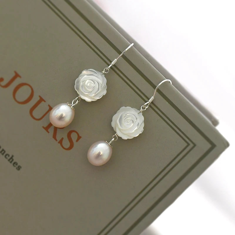925 Silver Pearl Shell Flower Earrings for Women