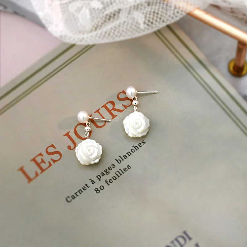 925 Silver Freshwater Pearl Shell Flower Earrings for Girls