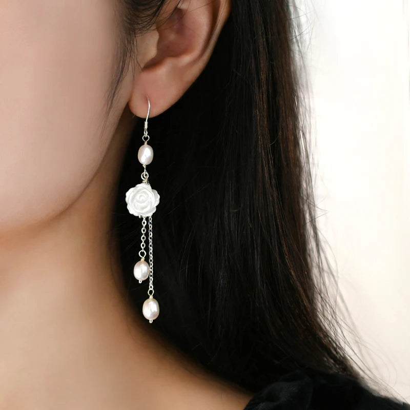 925 Silver Shell Flower Long Earrings Women's Fashion Jewelry Gift