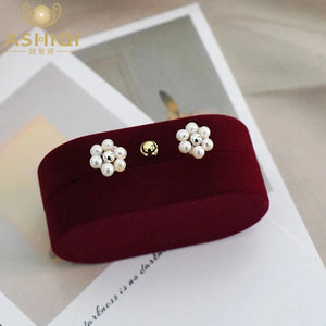 925 Silver Small Flower Earrings with Freshwater Pearl Jewelry