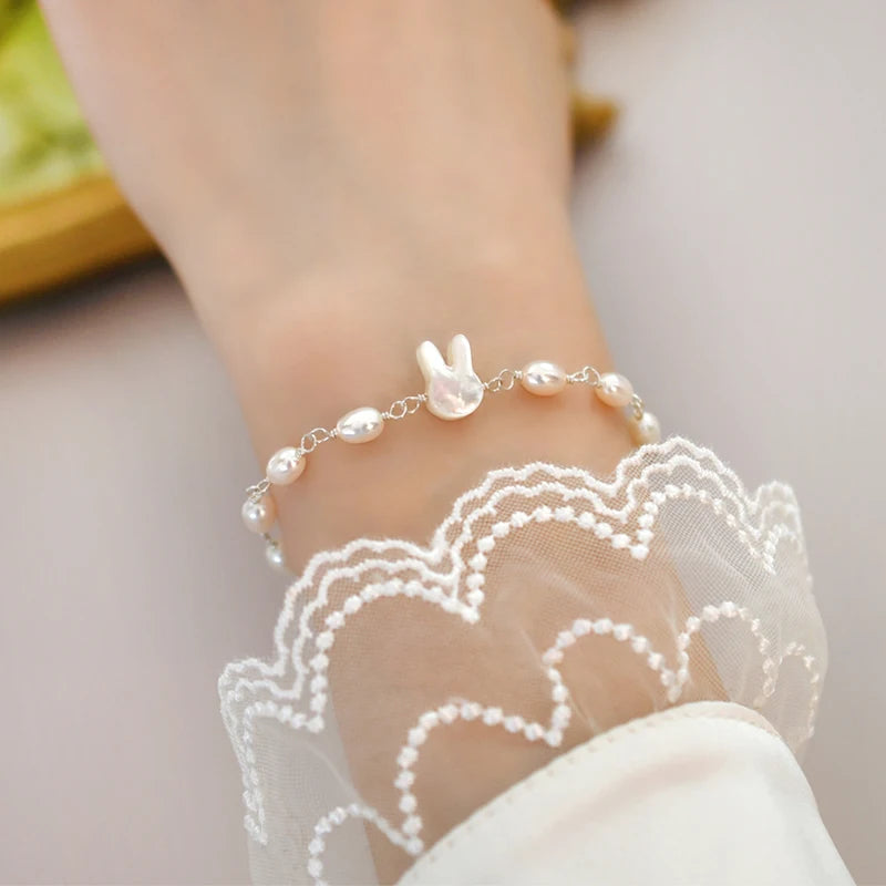 925 Silver Pearl Rabbit Bracelet for Women Wedding Jewelry