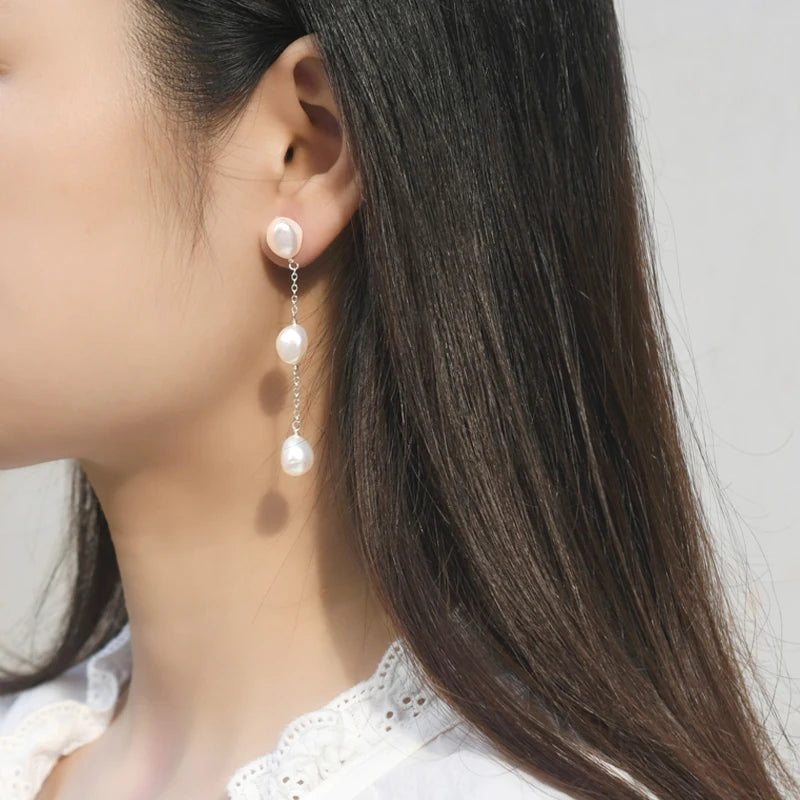 Baroque Pearl 925 Silver Long Earrings for Women