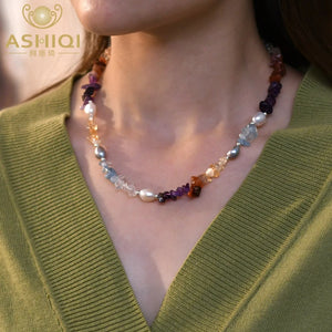 Baroque Pearl Necklace with Colorful Crystal Stone Jewelry Gift