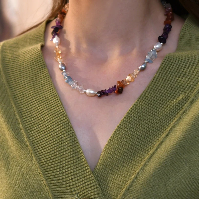 Baroque Pearl Necklace with Colorful Crystal Stone Jewelry Gift