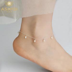 Silver Anklets with Natural Freshwater Pearls, 925 Sterling Silver