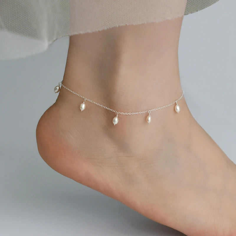 Silver Anklets with Natural Freshwater Pearls, 925 Sterling Silver