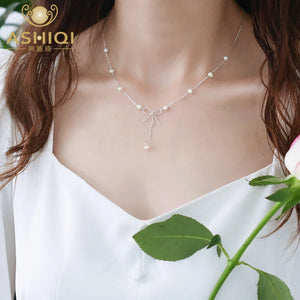 Freshwater Pearl 925 Silver Bow Necklace for Women
