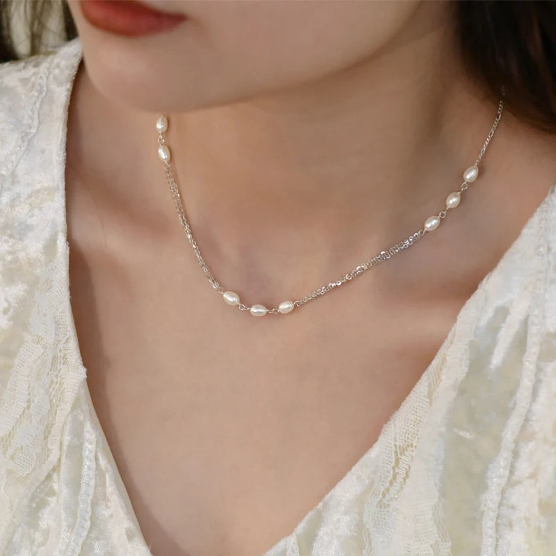 Freshwater Pearl 925 Silver Necklace Multilayer Jewelry