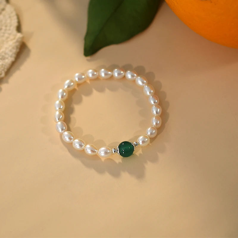 Freshwater Pearl 925 Silver Green Chalcedony Bracelet for Women