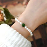 Freshwater Pearl 925 Silver Green Chalcedony Love Coin Bracelet