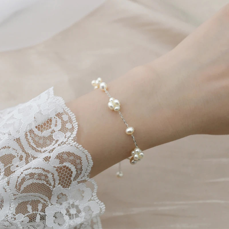 Freshwater Pearl 925 Silver Flower Ball Bracelet for Women
