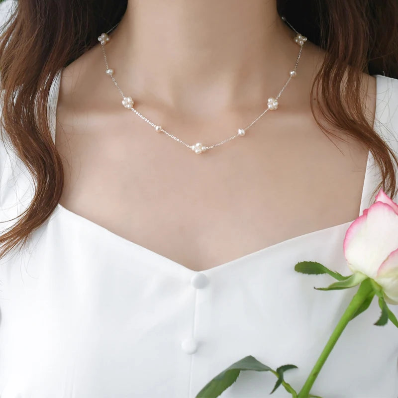 Freshwater Pearl Silver Flower Ball Necklace for Women