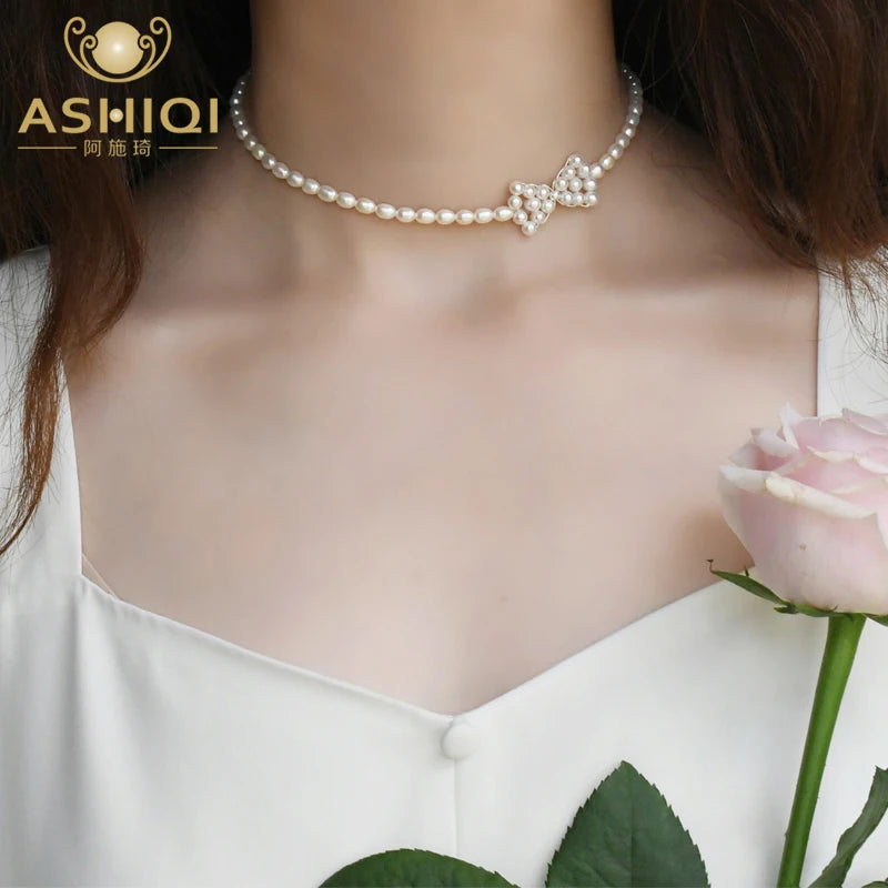 Freshwater Pearl Bow Choker Necklace 925 Silver Women's Jewelry Gift